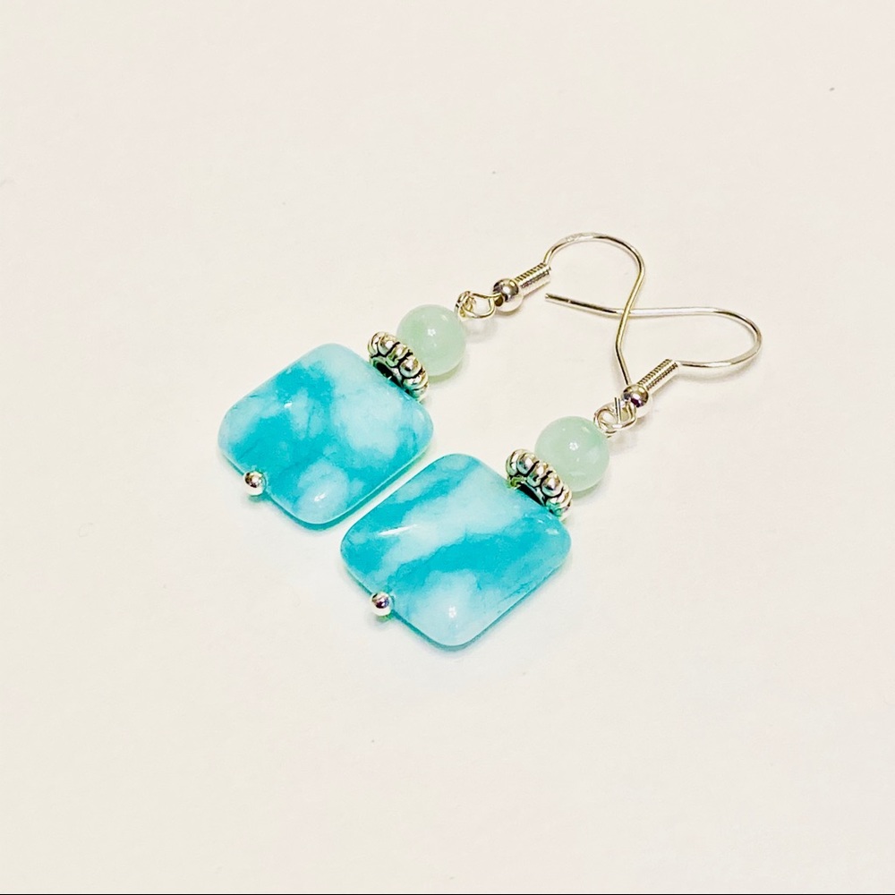 Aqua Blue Ice Lace Agate Stone Earrings With Mint Green Serephinite Rounds